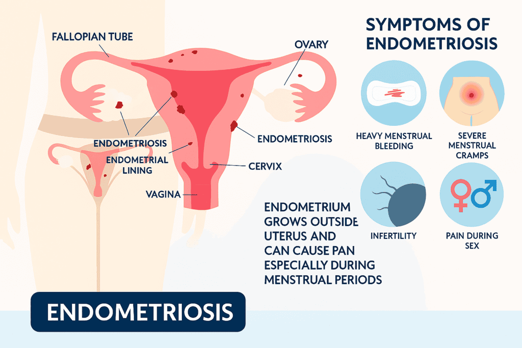 Medical infographic on endometriosis showing the female reproductive system with highlighted endometrial growths and labeled parts including fallopian tube, ovary, cervix, vagina, and endometrial lining. The right side lists symptoms such as heavy menstrual bleeding, severe menstrual cramps, infertility, and pain during sex with corresponding icons.