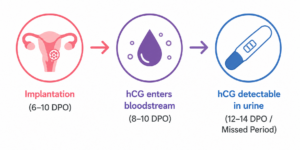 Implantation (6–10 DPO) ──► hCG enters bloodstream (8–10 DPO) ──► hCG detectable in urine (12–14 DPO / Missed Period)